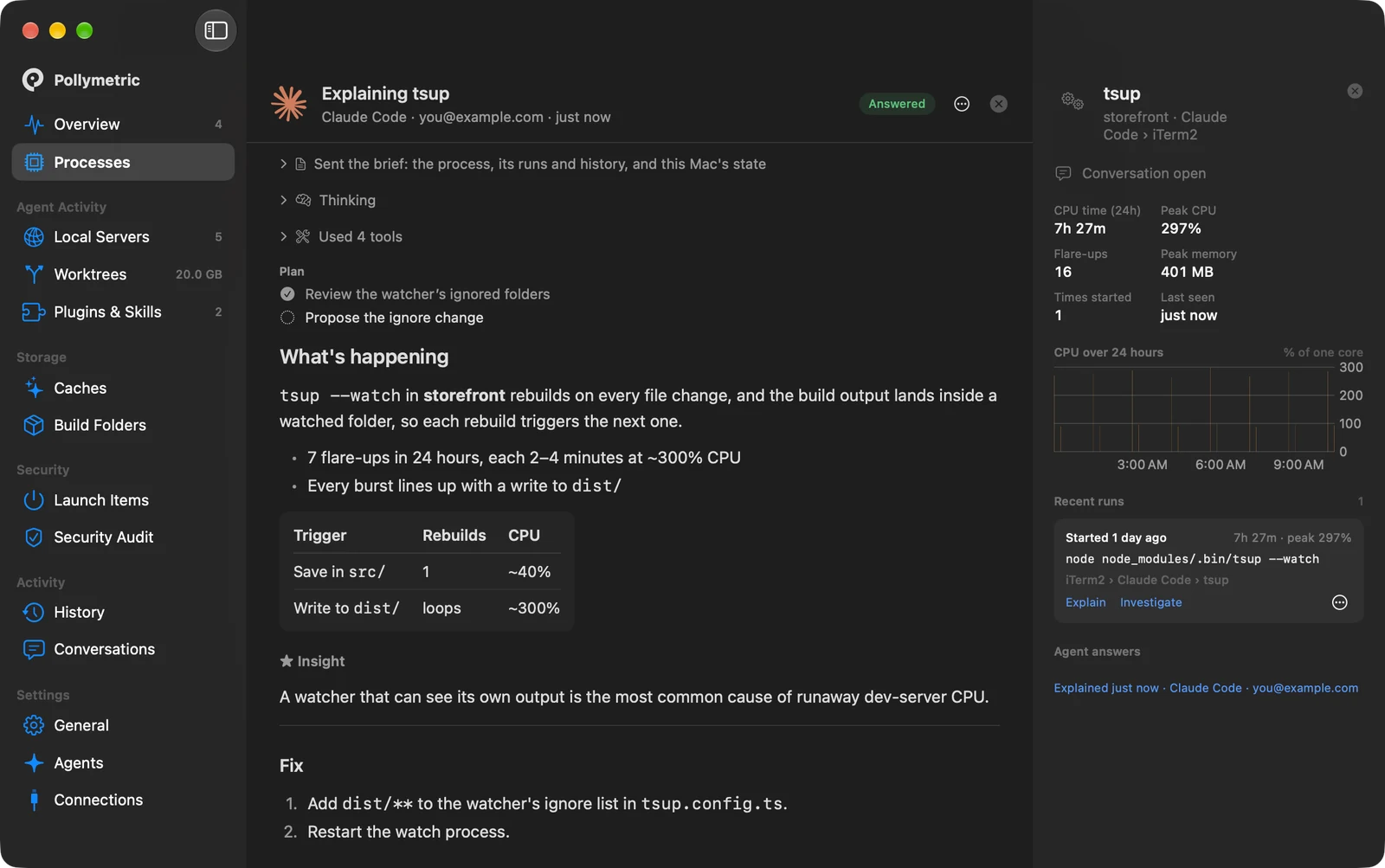 The agent's explanation in dark mode
