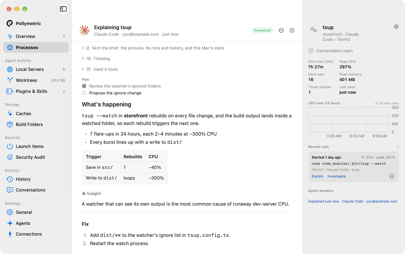 An agent explaining why a build watcher keeps using CPU