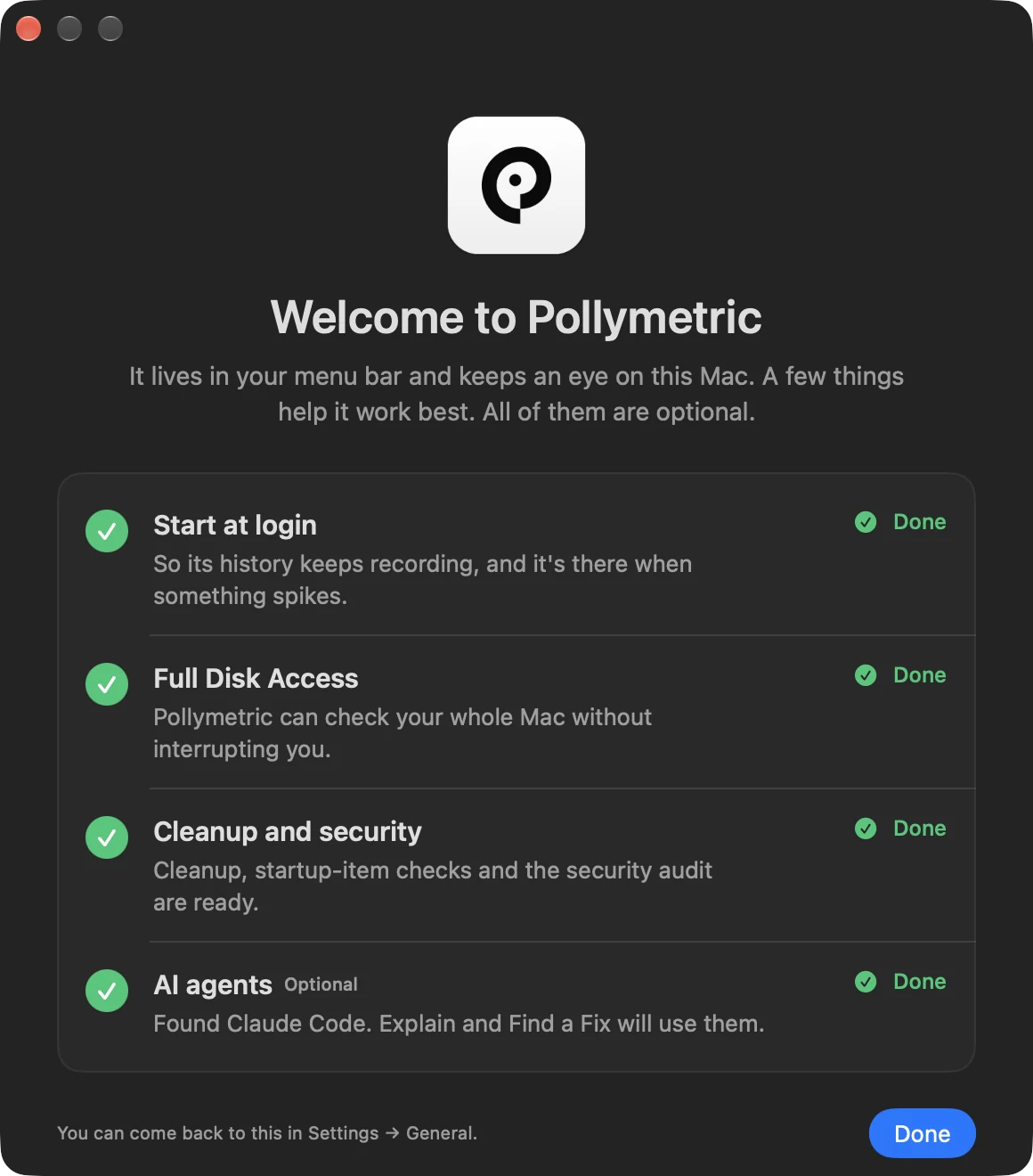 The setup window in dark mode