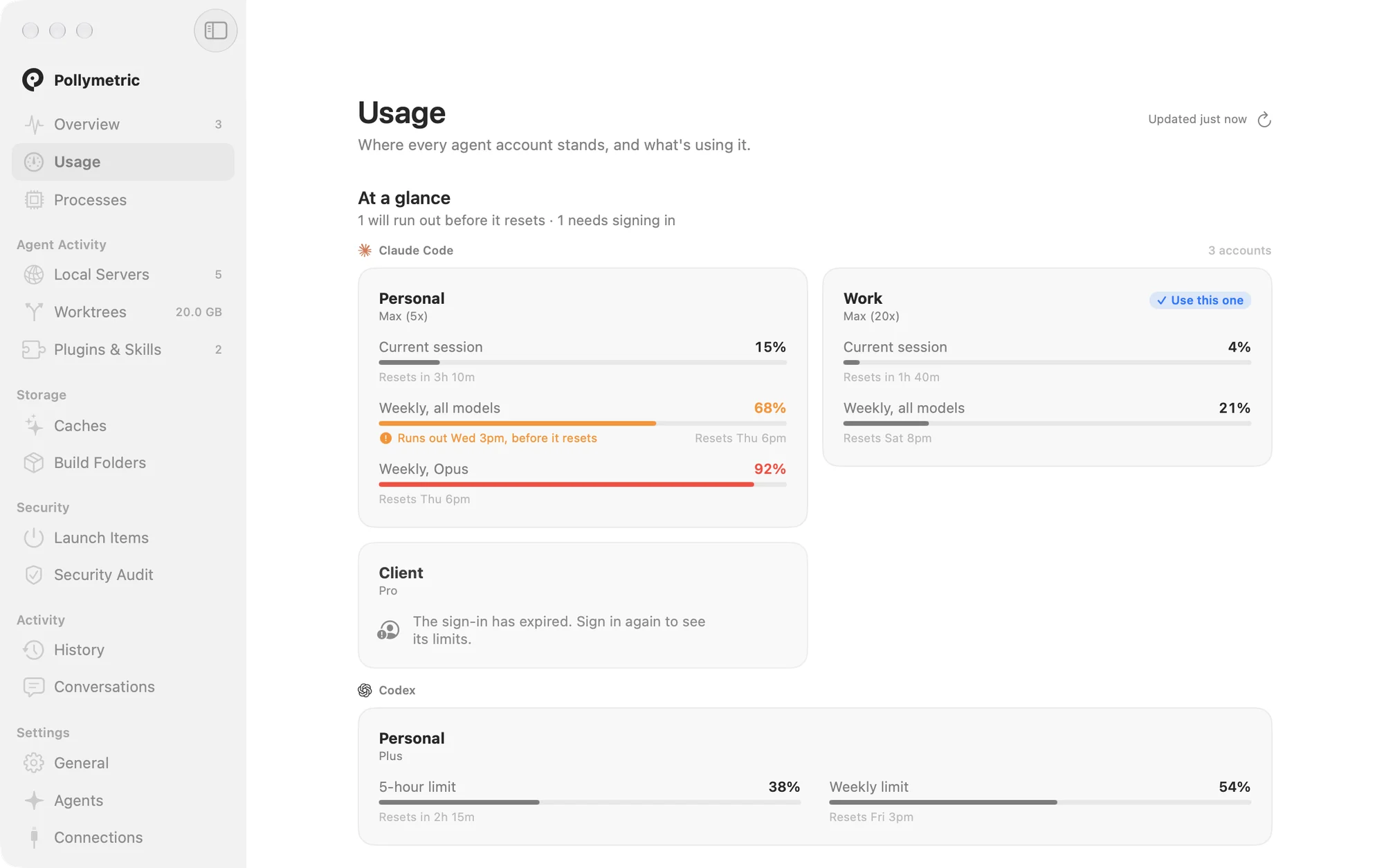 Usage: every agent account, how much is left, and when it resets